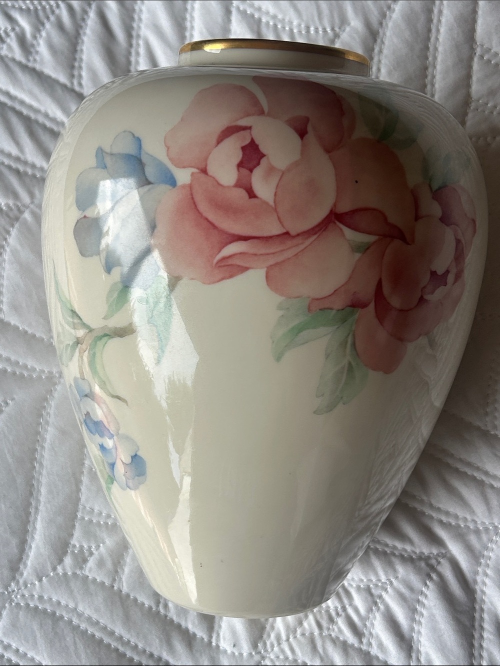 Floral Porcelain Vase in Cream with Pink and Blue Flowers